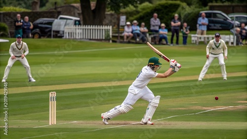 Cricket Match Action with Batsman Playing a Shot on Green Field