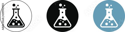 Photos Flask icons set, three stylized laboratory flasks with varying color and background schemes for science chemistry research and medical experiment design