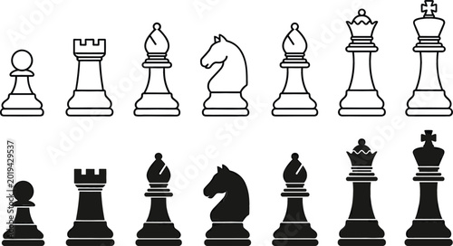 Billede på lærred Chess Piece Illustration Collection Featuring Classic Strategy Game Icons in Out