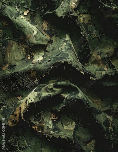 A close-up view of a rugged, textured surface in shades of military green and brown, resembling distressed camouflage fabric.