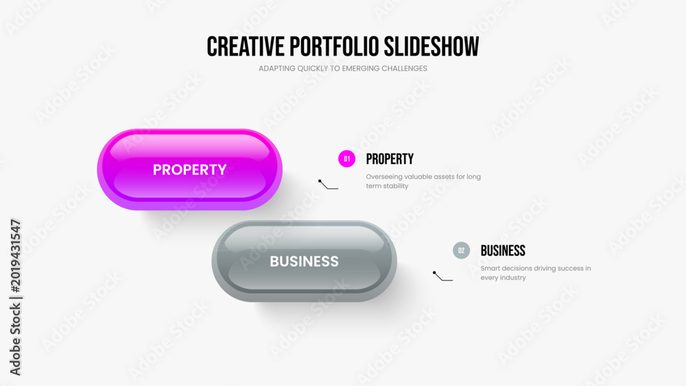 Obraz premium Market Innovation Two Step Diagram Slide Layout. Visual Launch Presentation Design Vector Illustration. Investor Analysis 2 Option Infographic Frame Template.