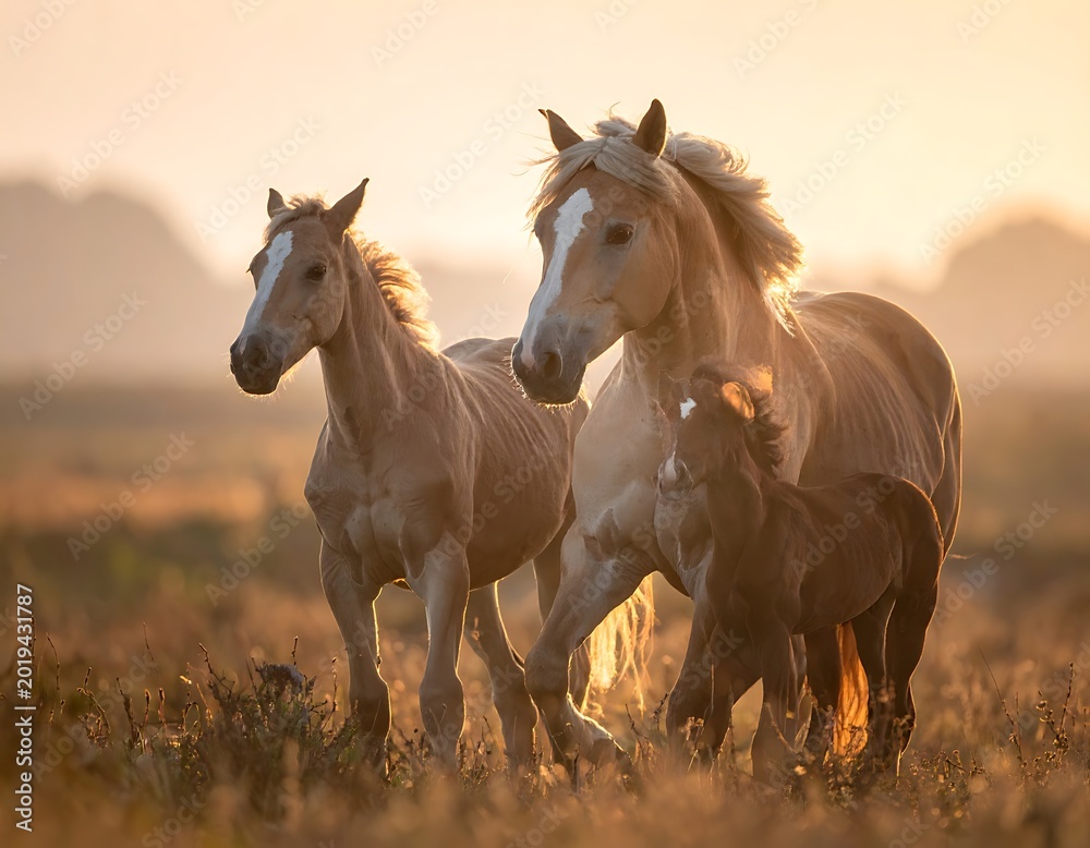 Obraz premium Two brown horses running in field.