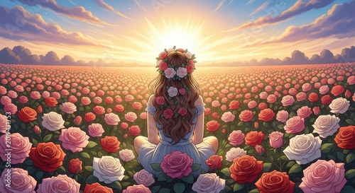 person with floral hair decoration sits peacefully in a vast blooming flower field at sunrise, creating a dreamy scene of serenity, beauty, and natural harmony