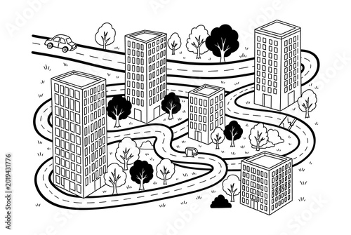 Isometric illustration of a cityscape with winding roads and tall buildings