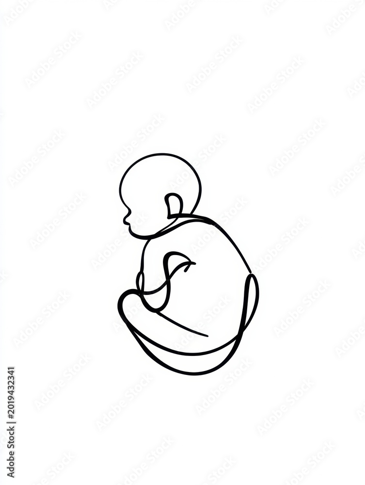 Obraz premium A single line drawing shows a baby in a fetal position, representing deep emotion and medical themes with a clean black and white design.