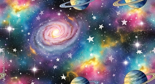 Vibrant cosmic tapestry depicts a swirling galaxy, stars, and celestial bodies across a multicolored nebula background.