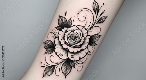 Detailed black and white floral tattoo design adorning a person's skin