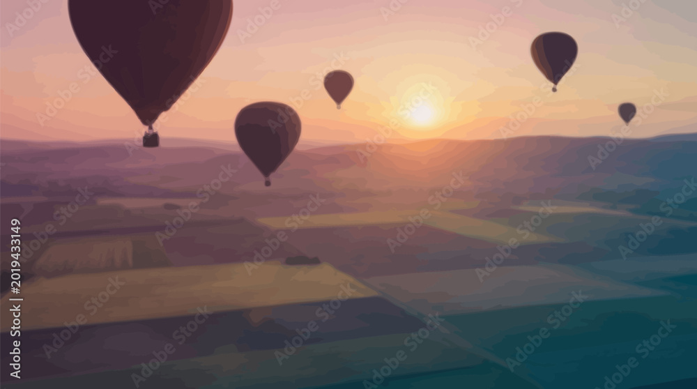 Fototapeta premium Hot air balloons flying over countryside at sunset with vibrant orange sky