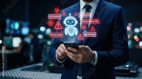 Business professional using smartphone with holographic AI system error warnings