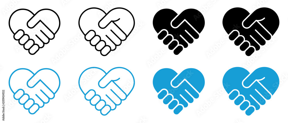 Obraz premium heart handshake symbols in outline and solid styles representing unity, partnership, teamwork, friendship, support, and agreement.