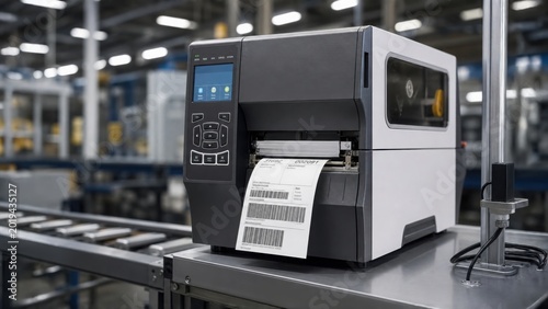 A modern label printer in a warehouse setting, displaying a barcode label, showcasing advanced printing technology and industrial efficiency.
