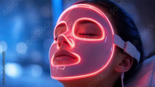 A serene individual uses a glowing LED face mask, promoting skincare and relaxation in a soothing atmosphere.