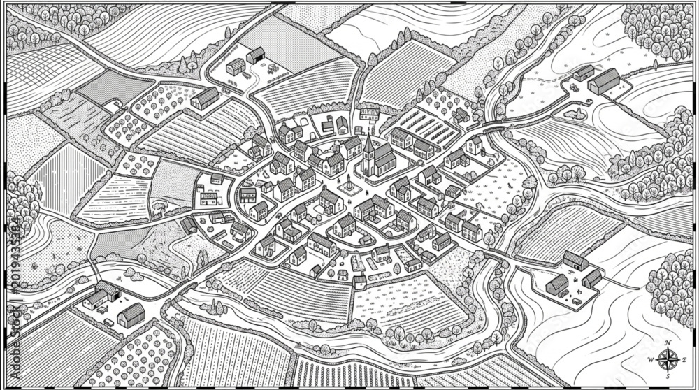 Obraz premium Vintage Map of a Rural Village and Surrounding Farmland.