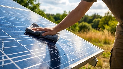 Man cleaning solar panel with cloth outdoors in sunny field with trees