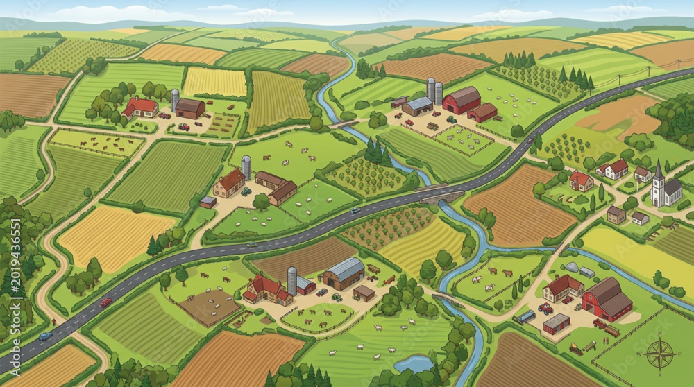 Fototapeta premium Aerial view of a picturesque rural landscape with farms and fields.