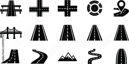 Modern road and highway symbols icon set Vector