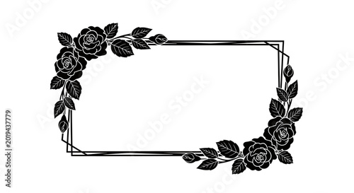 Elegant Rectangular Frame with Black Rose Silhouette Floral Border and Leaves Illustration for Wedding and Greeting Card Design