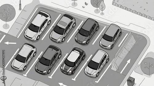 Tablou pe pânză Several parked cars in a parking lot with markings.