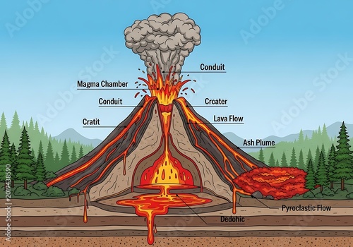 Cutaway diagram illustrates the internal structure and eruptive features of a terrestrial volcano