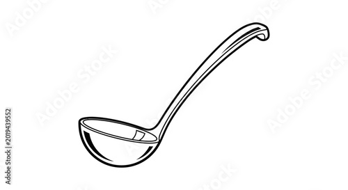 Black and white illustration of a kitchen ladle on white background