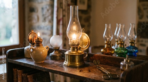 Antique oil lamps and vintage glass lanterns glow with warm light on a rustic wooden shelf in a cozy, historic interior.