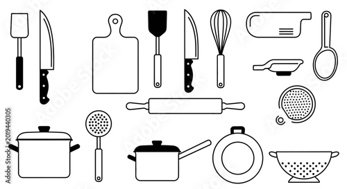 Essential kitchen tools illustrated in black and white for culinary concepts