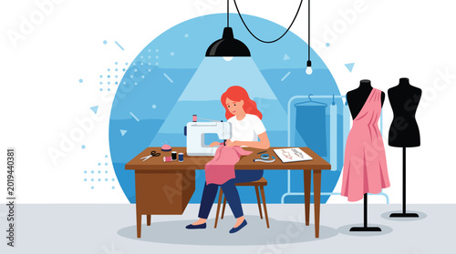 Картината върху платно Young female fashion designer sitting at a wooden desk using a sewing machine in