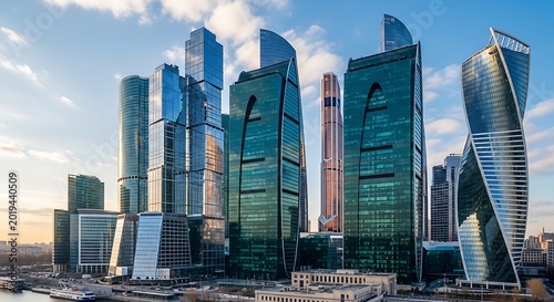 Moscow City modern glass skyscrapers on a sunny day with blue sky