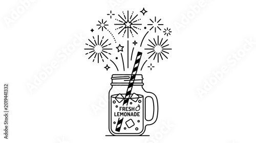 Принти на полотні Black and white illustration of fresh lemonade in a mason jar.
