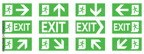 emergency exit sign icon set with running man, arrows, and exit text on isolated background.