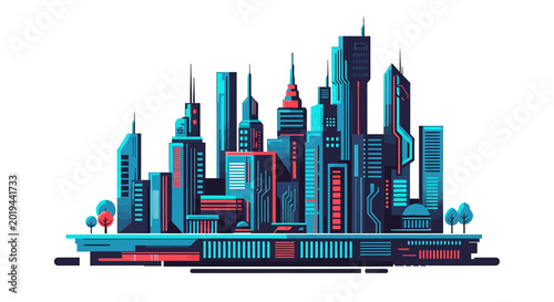 Futuristic Neon Metropolis with Blue and Red High Tech Skyscrapers