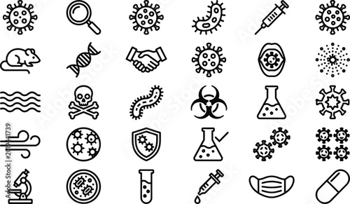 Foto Virus and medical research outline icon set featuring bacteria vaccine laborator