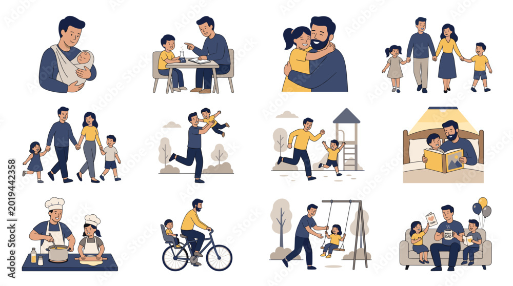 Fototapeta premium Modern Father’s Day family icon collection featuring loving fathers, parenting moments, children, and happy family activities in a clean flat vector illustration style perfect for web