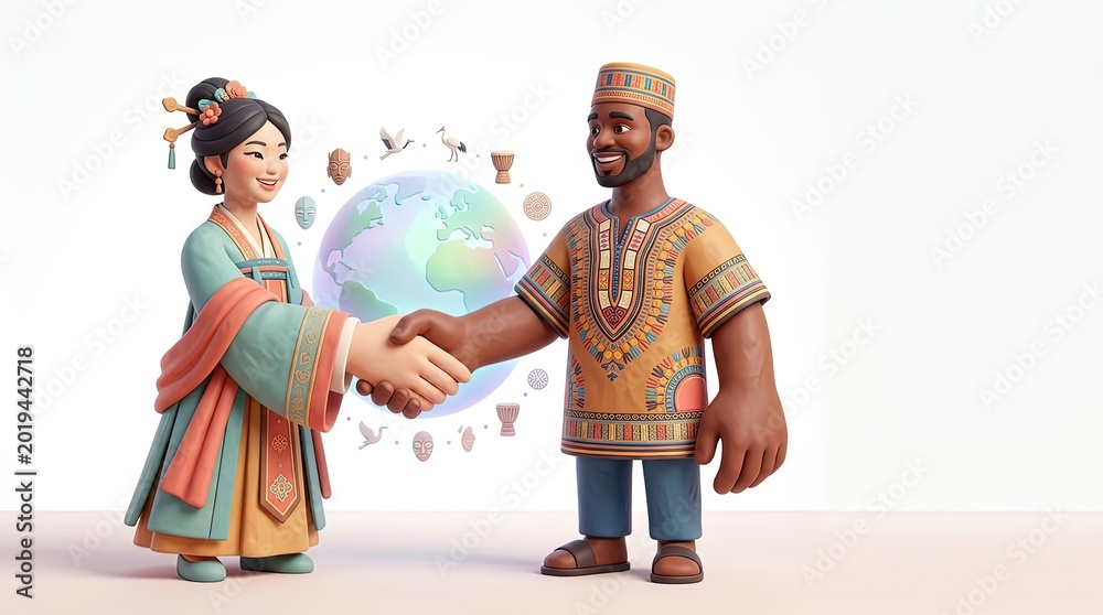 Fototapeta premium Diverse Asian Woman and African Man Shaking Hands Symbolizing Global Unity and Culture