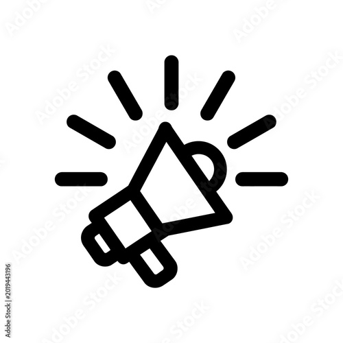 A black and white icon of a megaphone with lines radiating from it indicating loudspeaker or announcement