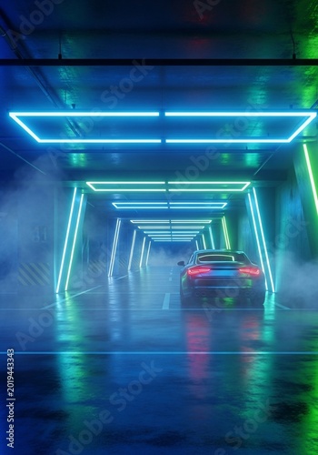 Neon Veiled Passage: Luminescent depths, a lone machine emerges.