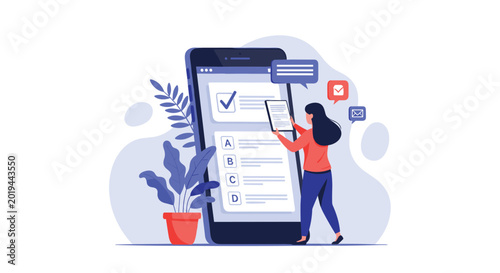 Young woman interacting with a giant smartphone screen to complete a digital checklist or online survey featuring multiple choice options and icons.
