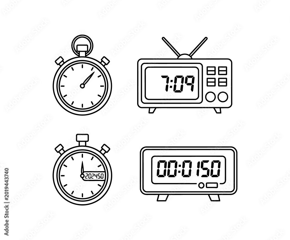Fototapeta premium A line drawing of various time keeping devices including a stopwatch and digital clocks