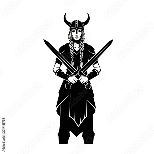 Fotografía Viking Woman Warrior with Crossed Swords and Horned Helmet