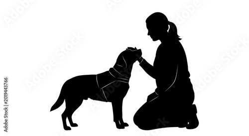 Woman petting service dog silhouette, trust and companionship