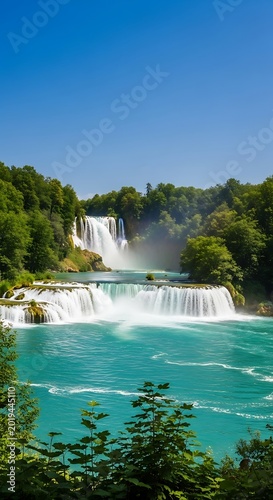 Cascading water flows over layered rock formations surrounded by dense emerald foliage under a clear blue sky