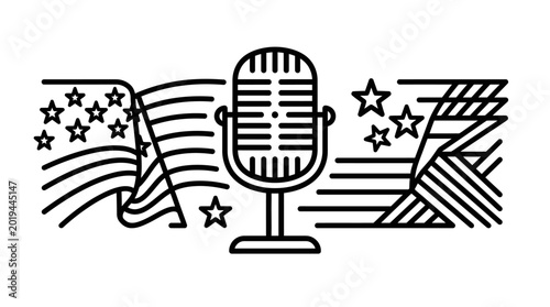 Vintage microphone illustration with American flag design elements.