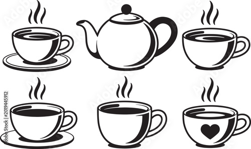 Collection of tea and coffee cups with teapot, hot beverages in various styles and designs.
