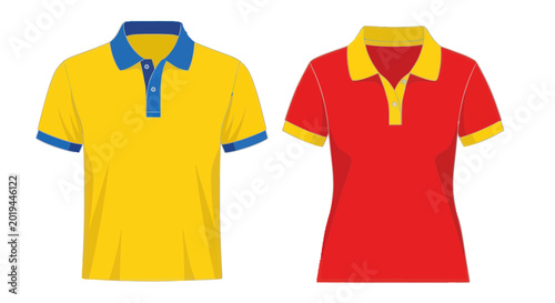 Yellow and Red Polo Shirts for Men and Women on White Background
