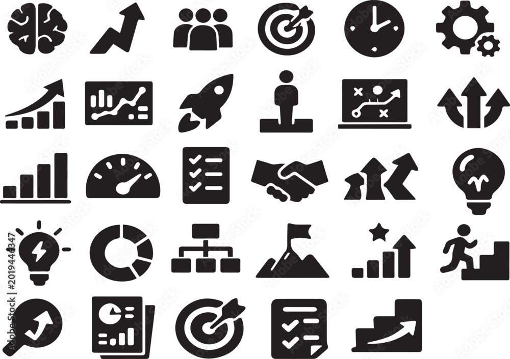 Obraz premium Comprehensive Set of Business Growth and Strategy Icons for Marketing Analysis, Professional Startup Development, Team Collaboration, Success Achievement, and Data Visualization Graphics.