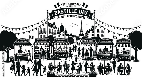 Foto Bastille Day French food festival street fair illustration.