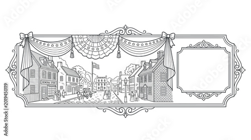 Fotografie Vintage colonial town illustration with ornate decorative border and empty frame
