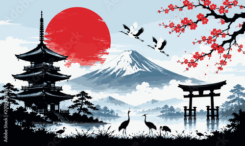 Fotografía Traditional Japanese Landscape Vector Illustration with Mount Fuji, Pagoda, Red Rising Sun, Cherry Blossoms, Torii Gate, and Flying Cranes in a Modern Ukiyo-e Style Art for Travel Posters