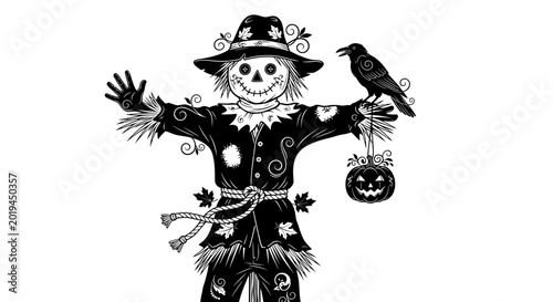 Tableau sur toile Scarecrow with Crow and Pumpkin - Halloween Illustration