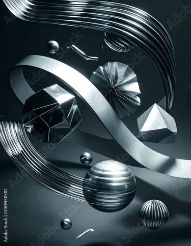 3D abstract shapes floating in space, metallic spheres, swirling ribbons, geometric objects, cinematic dramatic lighting, soft shadows, reflective surfaces, dark moody background, modern digital art.
